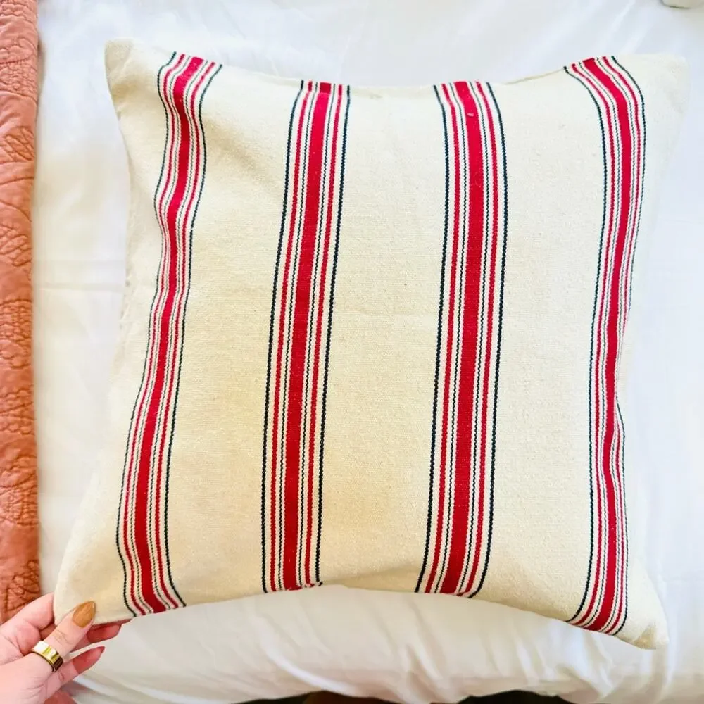 POTTERY BARN Red Black Tan Cream Bold Stripe Pattern Pillow Case Sham 20